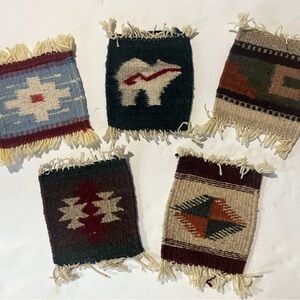 Set of 5 Vintage VTG Woven Coasters: Native Geometric Patterns 5”x5” Handmade